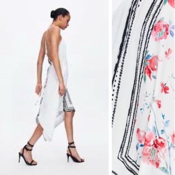 ZARA Combined Asymmetric Halter V-Neck Dress Rose Print Black/White/Red Sz S NEW - Picture 4 of 6